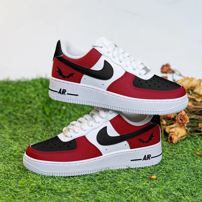 Custom Air Force 1 Red Black White with Bat Pattern