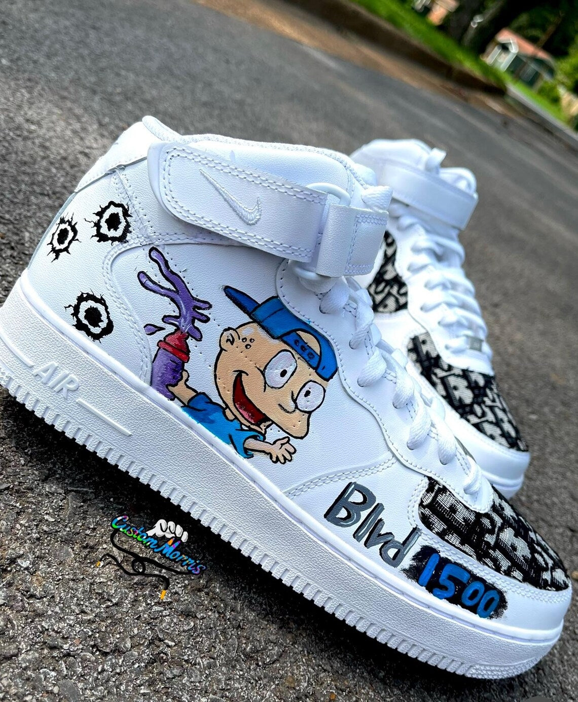 Custom Air Force 1 White With Cartoon Character And Bullet - Hole Patterns