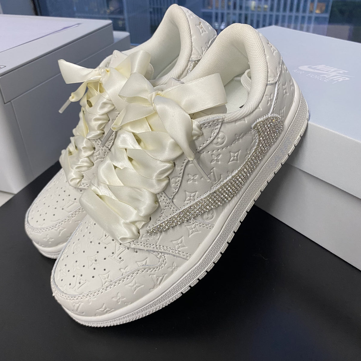 Custom Air Force 1 White with LV Logo and Rhinestones and Satin Laces
