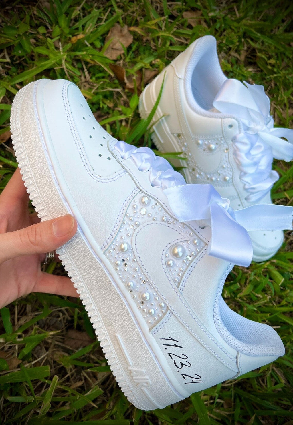 Custom Air Force 1 White With Pearl Embellishments And Ribbon Laces