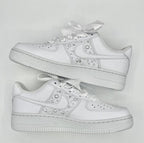 Custom Air Force 1 White With Pearl Embellishments And Ribbon Laces