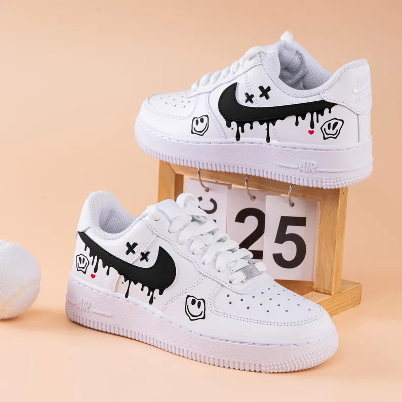 Custom Air Force 1 White With Smiley Face And Dripping Pattern