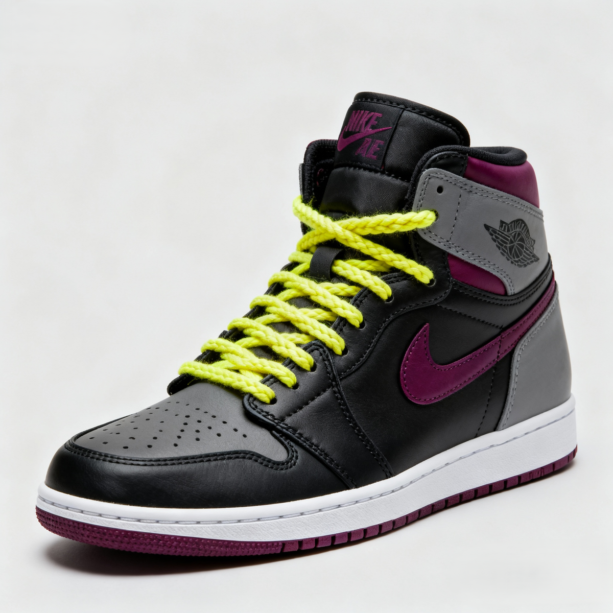 Custom Air Jordan 1 Black Gray Purple With Yellow Laces