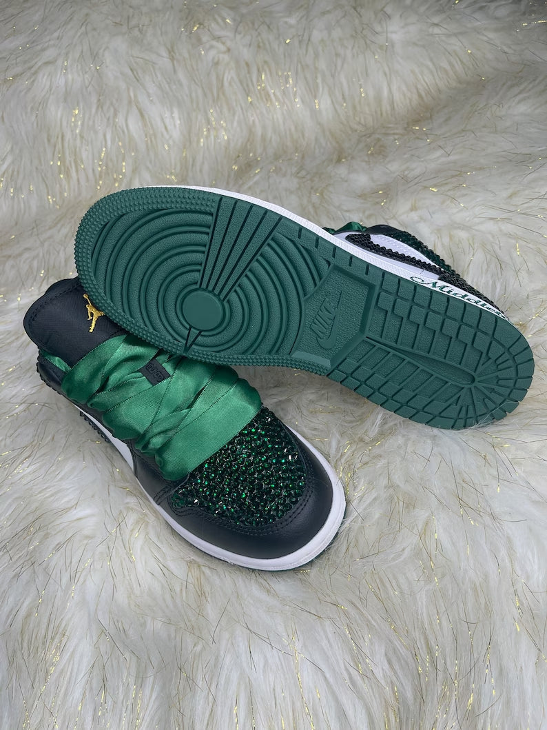 Custom Air Jordan 1 Black White Green with Glitter and Satin Laces