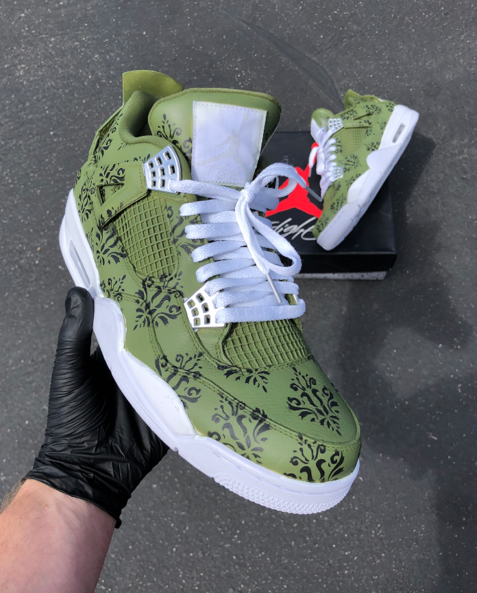 Custom Air Jordan 1 Olive Green With Black Floral Patterns