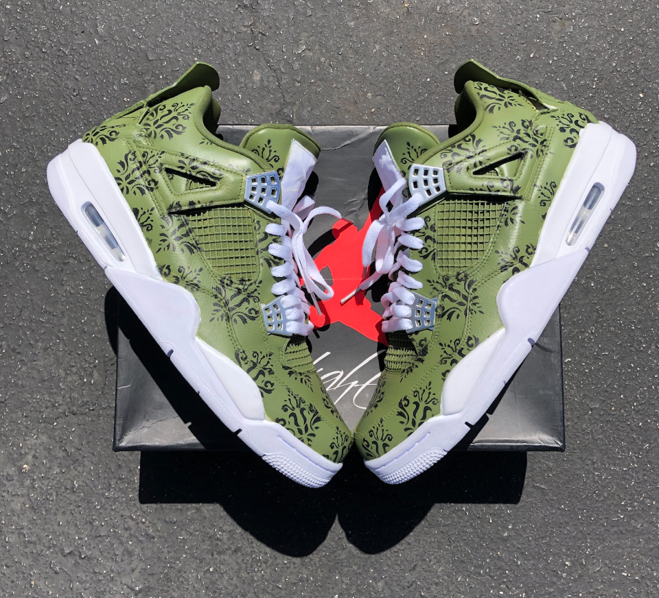 Custom Air Jordan 1 Olive Green With Black Floral Patterns
