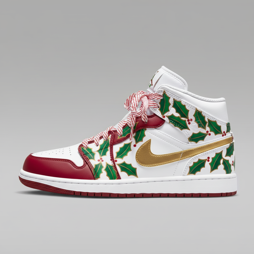 Custom Air Jordan 1 White Red With Holly Pattern