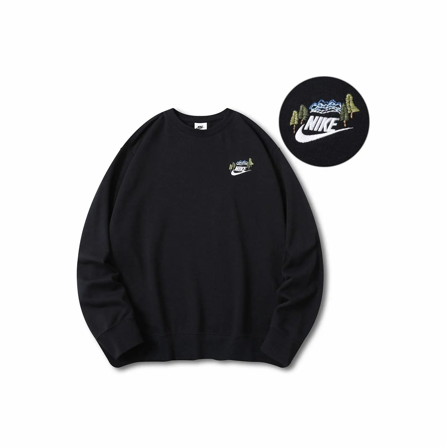 Custom Embroidery Nike Sweatshirt Black With Mountain Tree Pattern