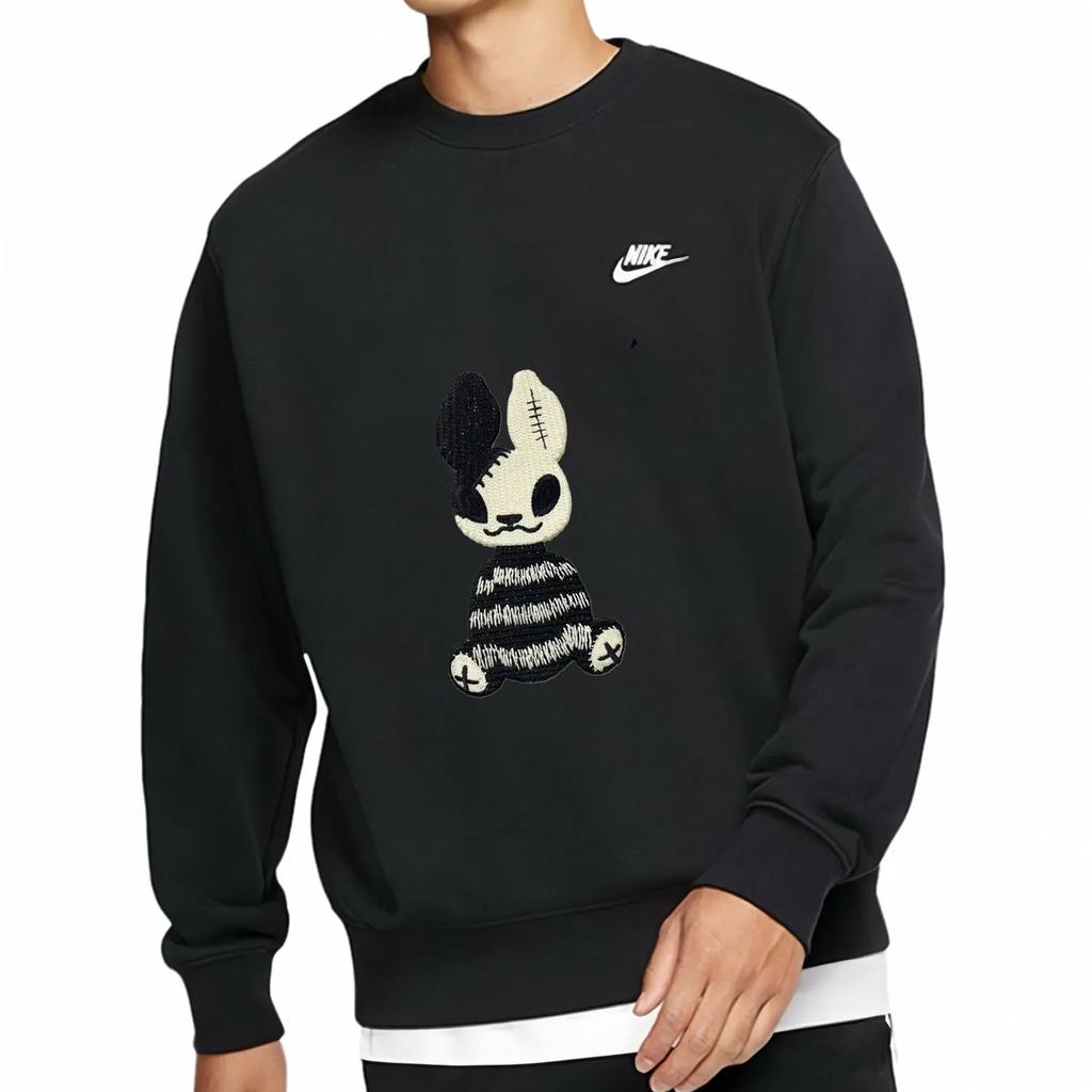 Custom Nike Embroidery Sweatshirt Black Bunny Pattern