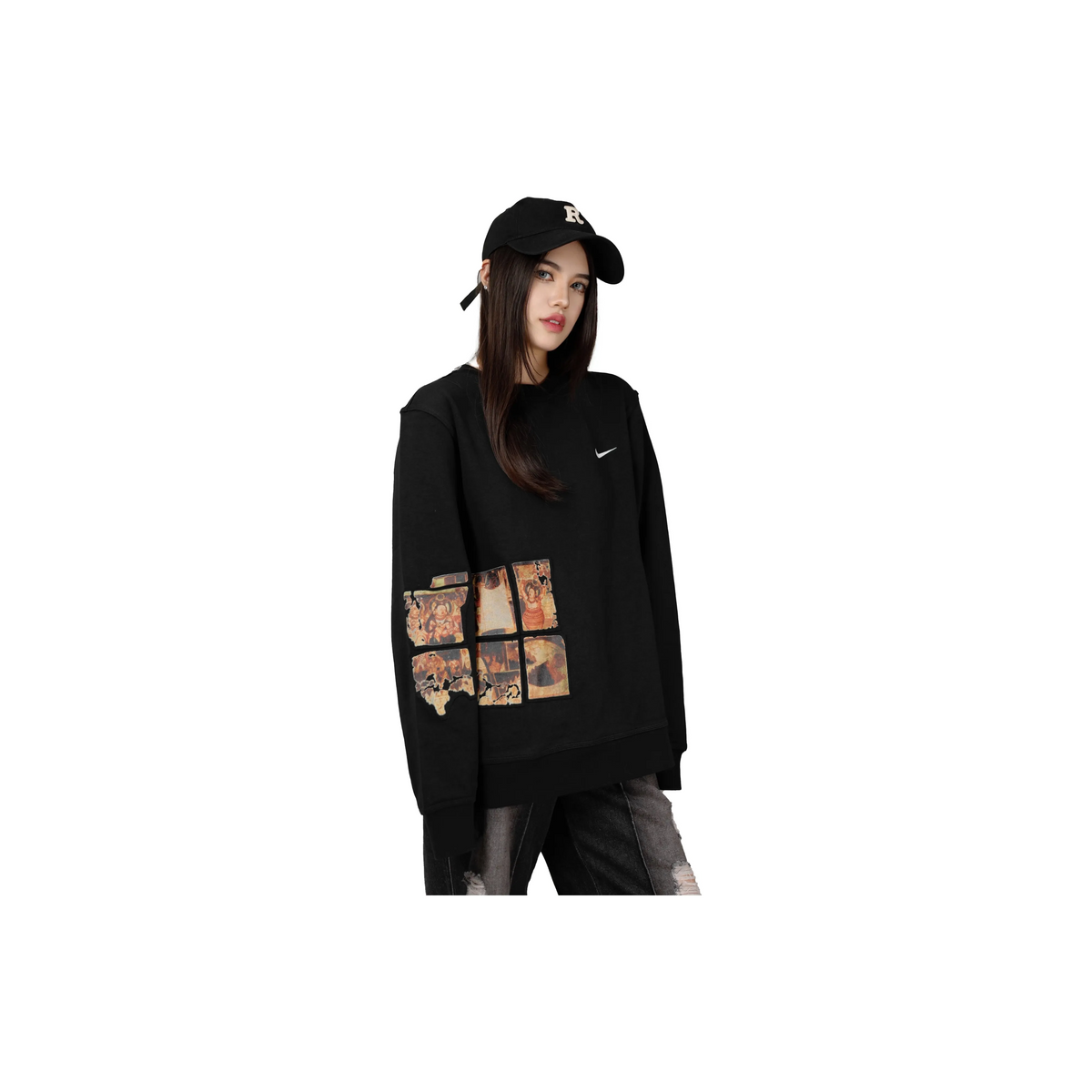 Custom Nike Sweatshirt Black With Vintage - style Patchwork Pattern