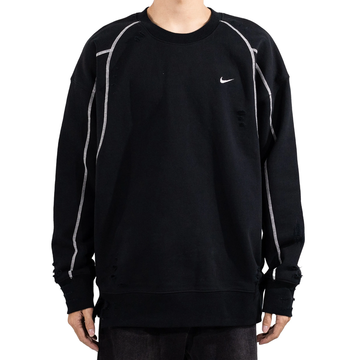 Custom Nike Sweatshirt Black With White Lines And Ripped Details