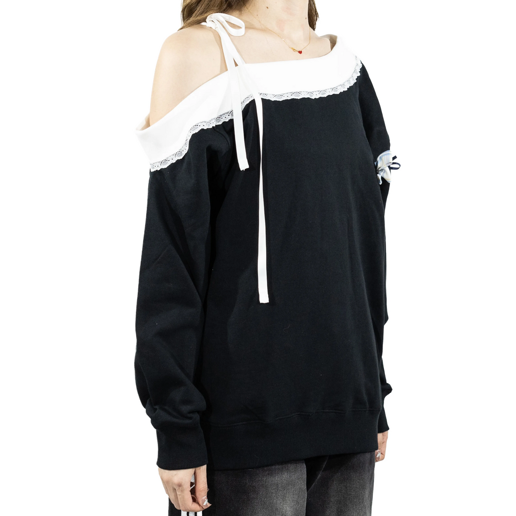 Custom Nike Sweatshirt Off Shoulder Black With White Lace And Bow