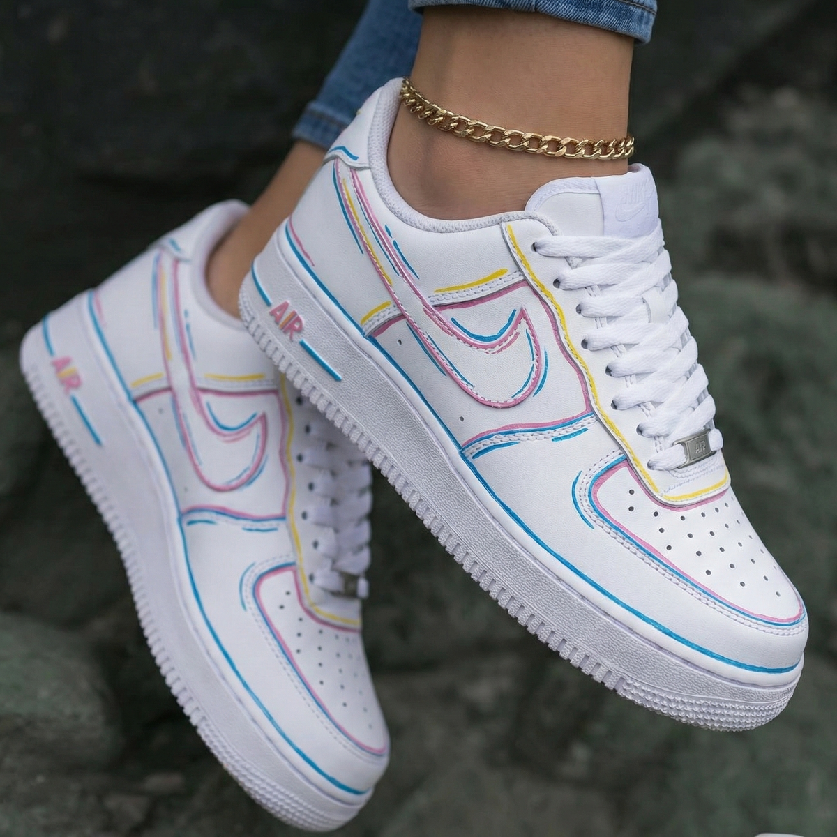 Double Swoosh Outline Baby Pink Baby Blue Yellow Custom Air Force 1
