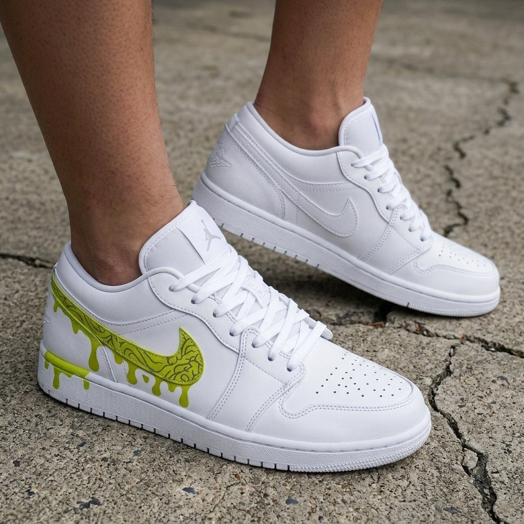 Drip Patterned Swoosh White Lime Green Custom Air Jordan 1