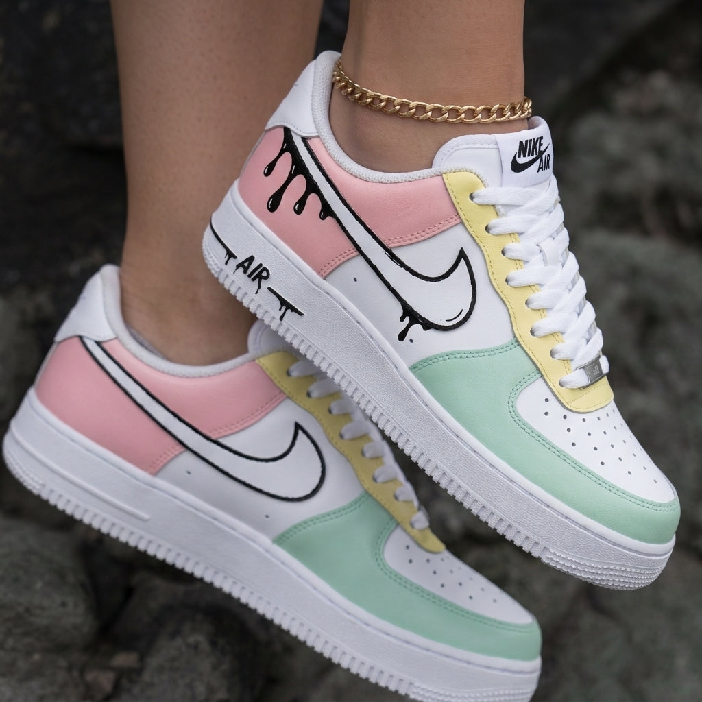 Dripping Cartoon Baby Pink Mint Green Yellow Custom Air Force 1