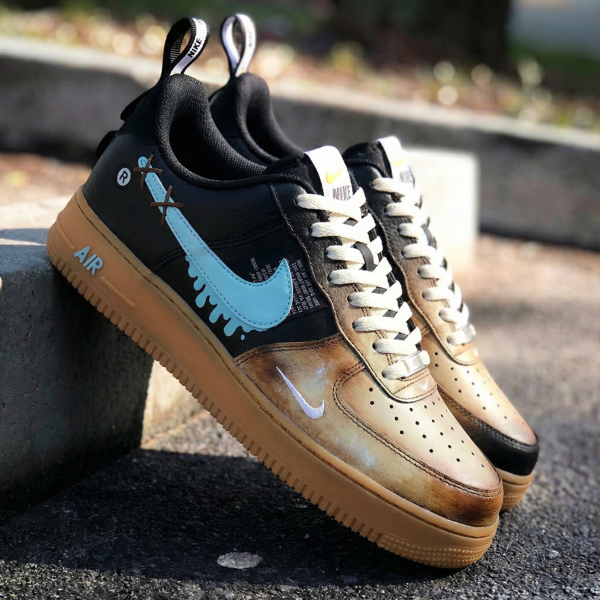 Dripping Swoosh Design Baby Blue and Brown Custom Air Force 1