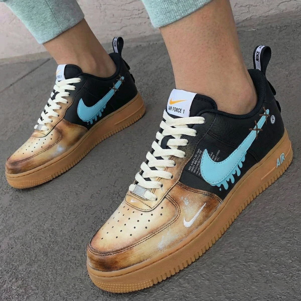 Dripping Swoosh Design Baby Blue and Brown Custom Air Force 1