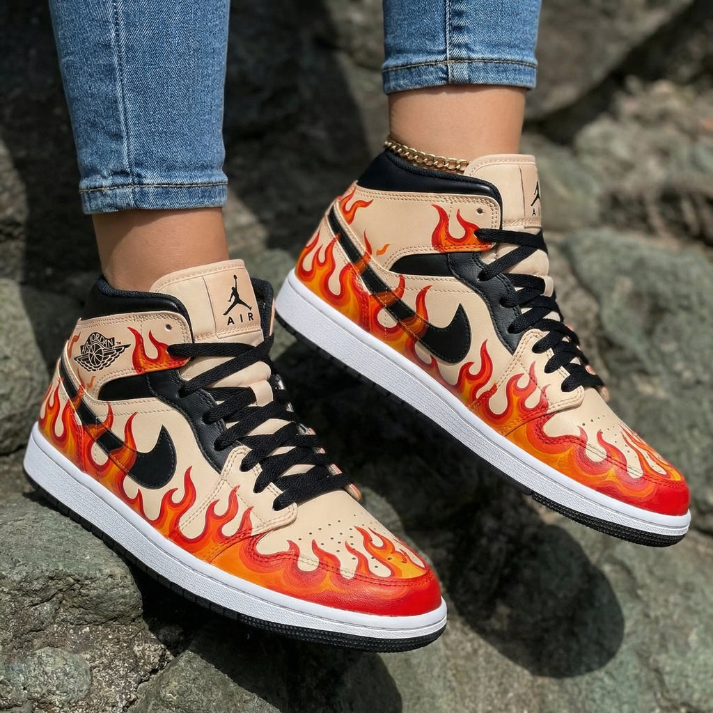 Flame Pattern Beige Black Custom Air Jordan 1