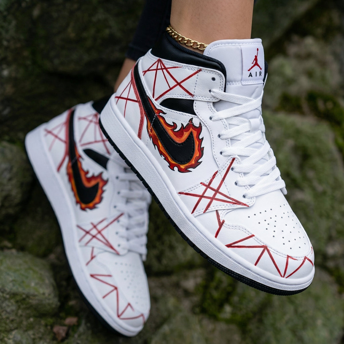 Flame Red Geometric Lines Black Red Custom Air Jordan 1