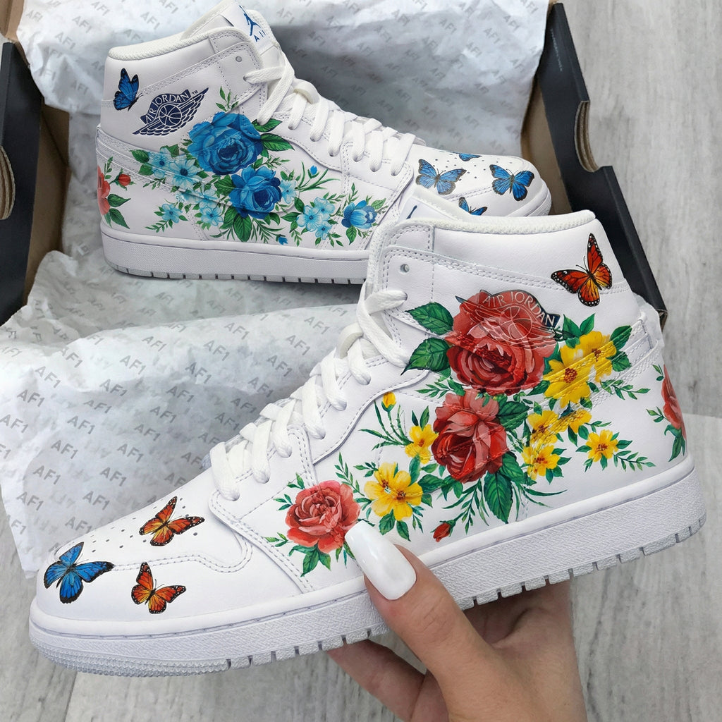 Floral Butterflies Blue Red Custom Air Jordan 1