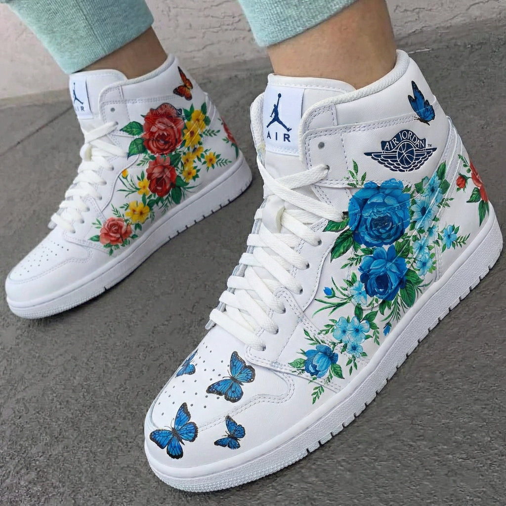 Floral Butterflies Blue Red Custom Air Jordan 1