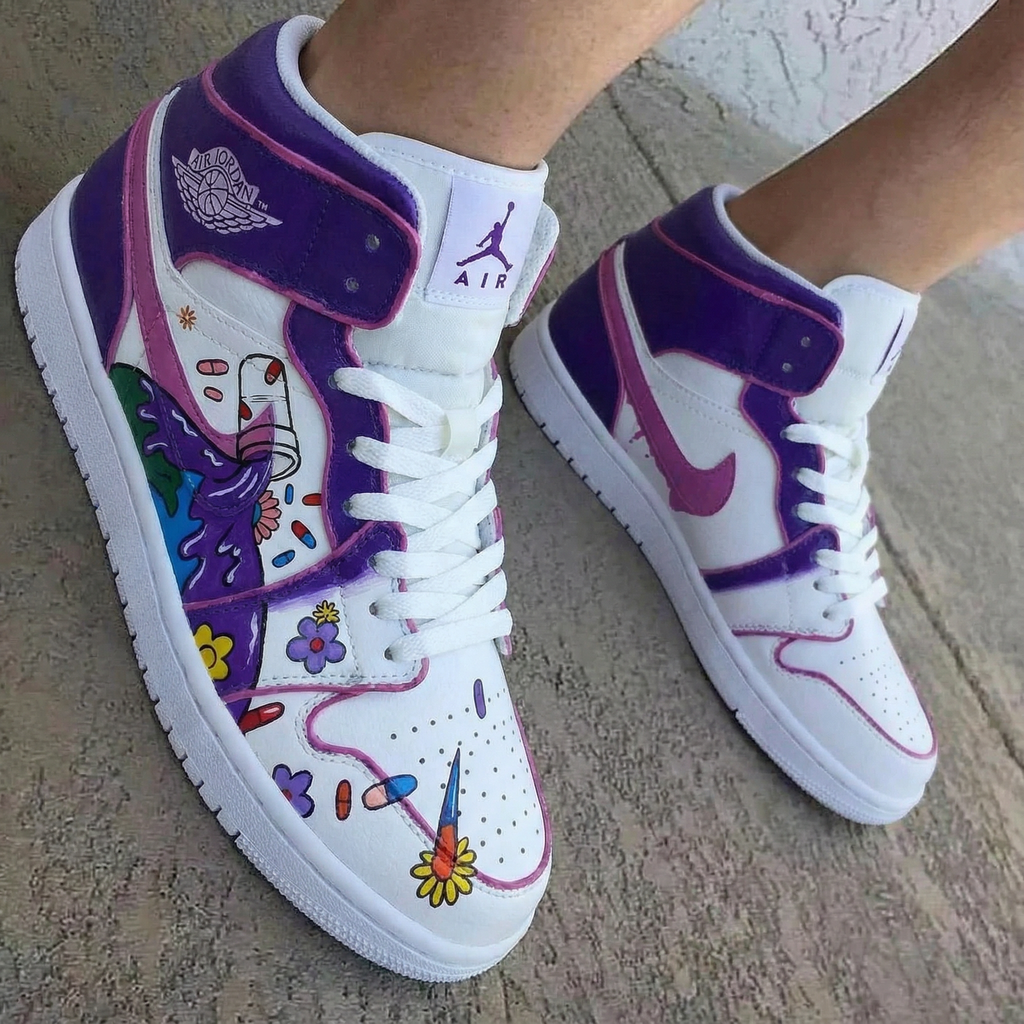 Floral Cartoon Pattern Purple Pink Custom Air Jordan 1