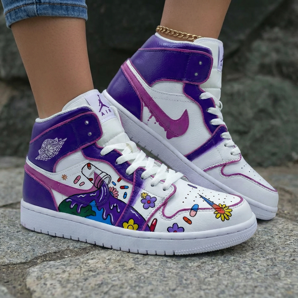Floral Cartoon Pattern Purple Pink Custom Air Jordan 1