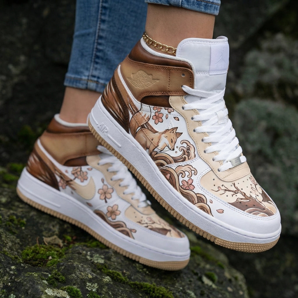 Fox and Cherry Blossom Pattern Beige Brown Custom Air Jordan 1