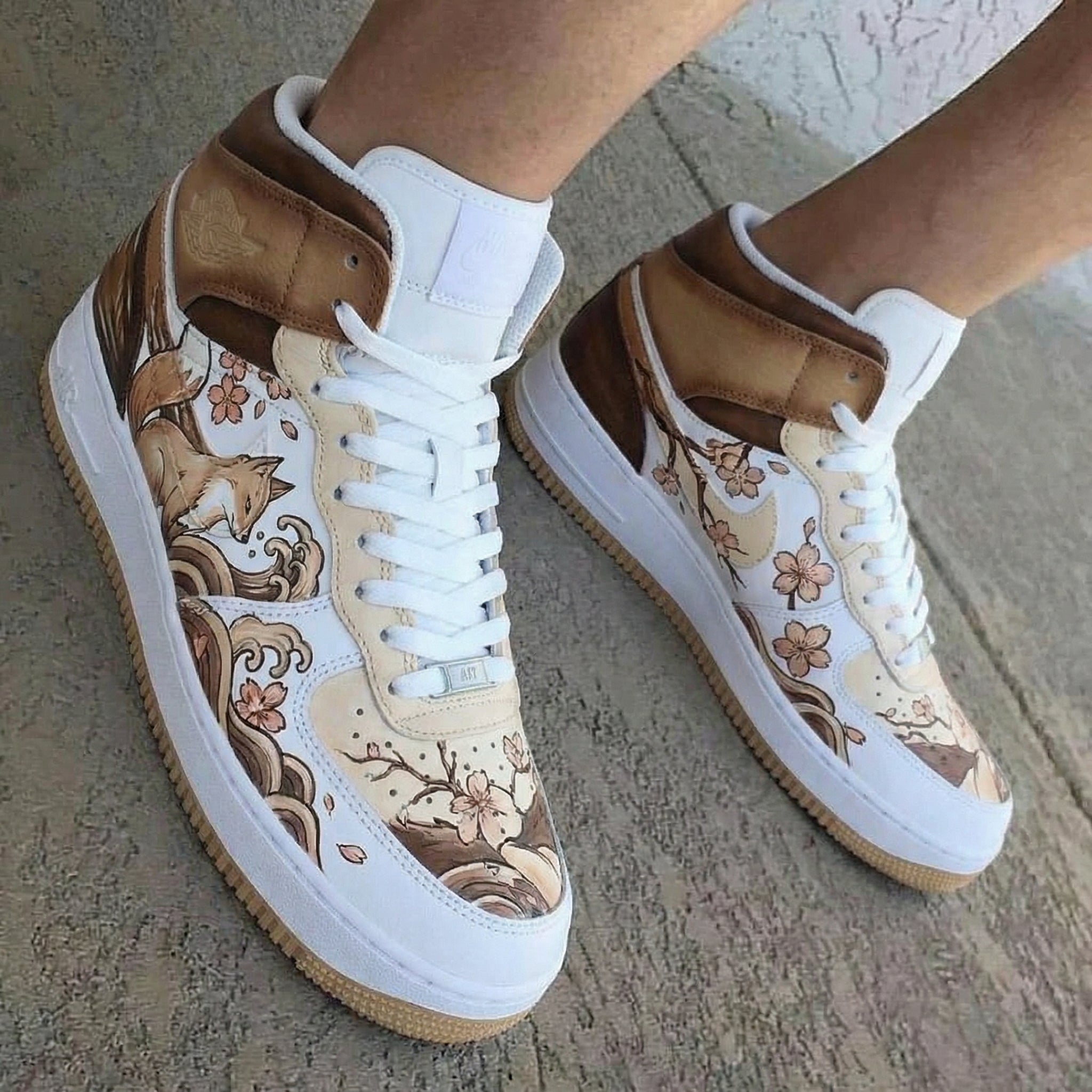 Fox and Cherry Blossom Pattern Beige Brown Custom Air Jordan 1