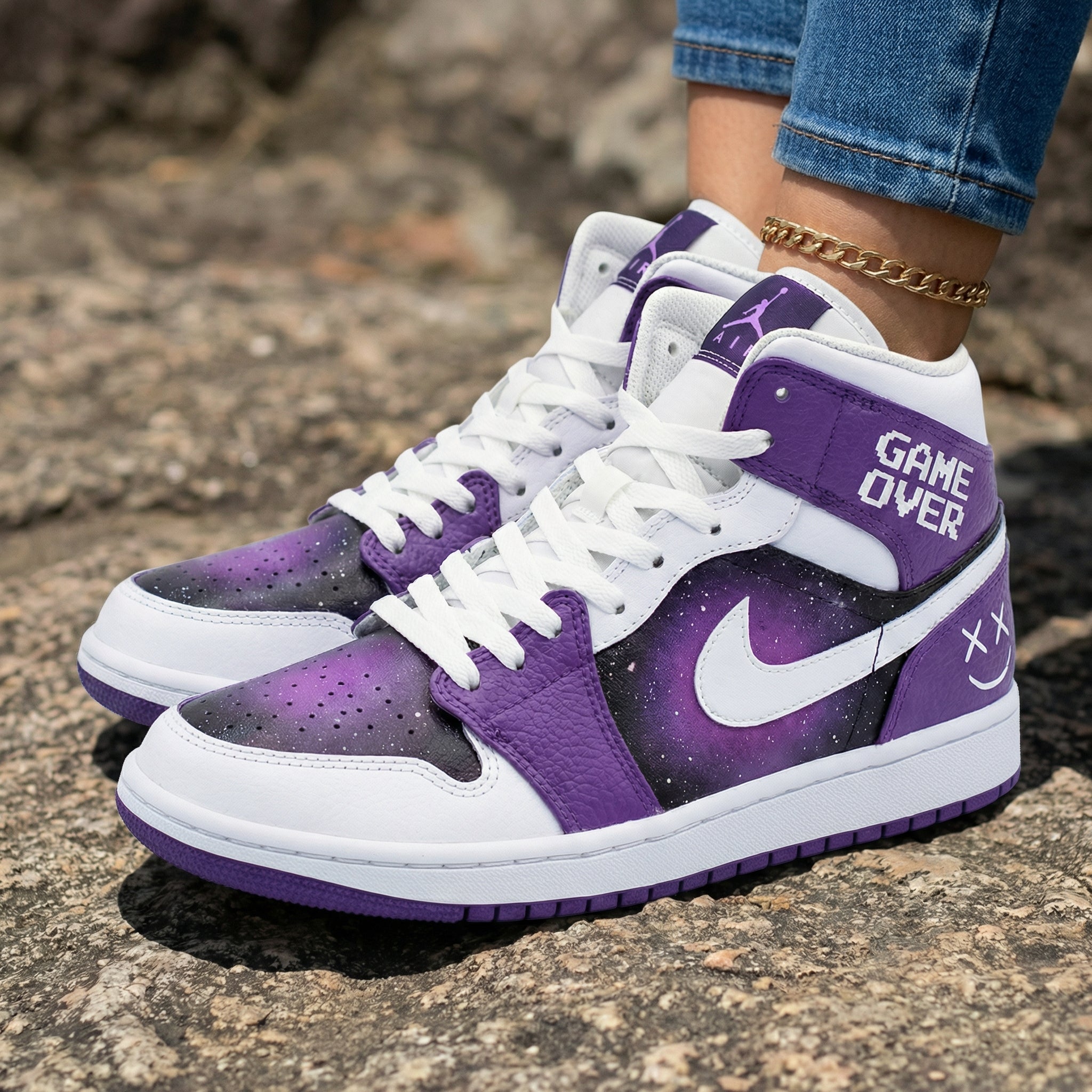 Game Over Pattern Purple White Custom Air Jordan 1