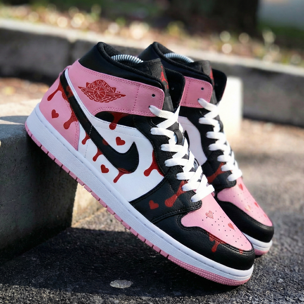 Heart Drip Pattern Baby Pink Black White Custom Air Jordan 1