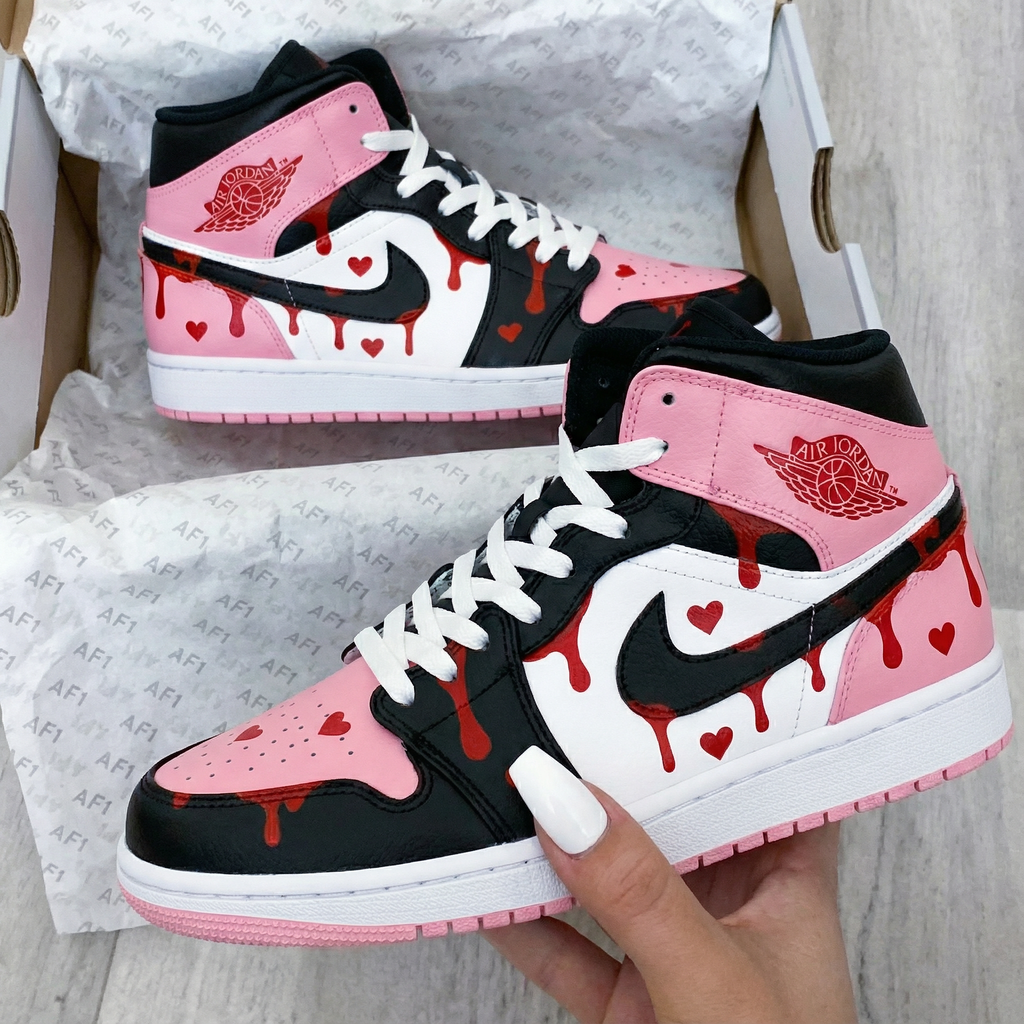 Heart Drip Pattern Baby Pink Black White Custom Air Jordan 1