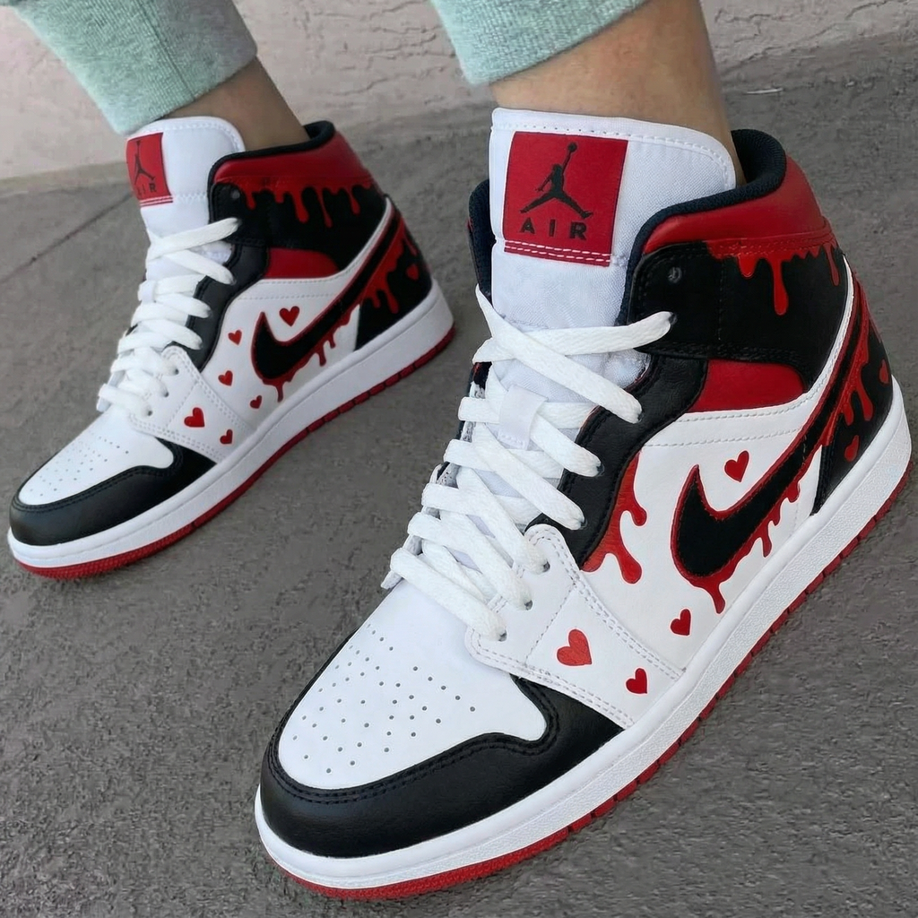 Heart Drip Pattern Black Red White Custom Air Jordan 1