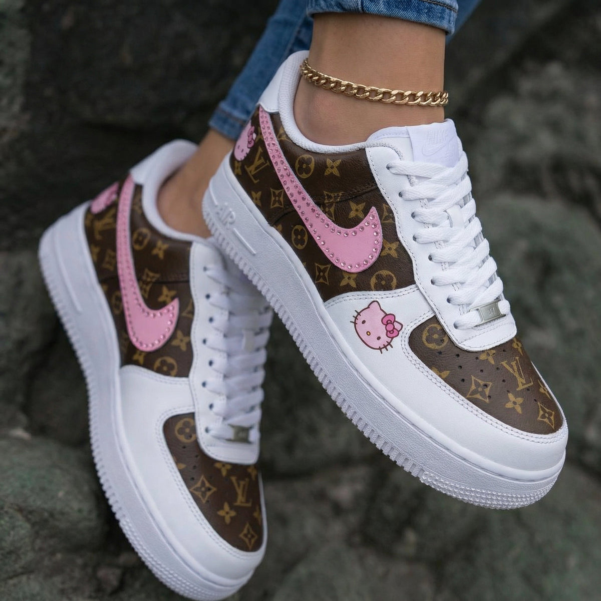 Hello Kitty With LV Baby Pink And Brown Custom Air Force 1