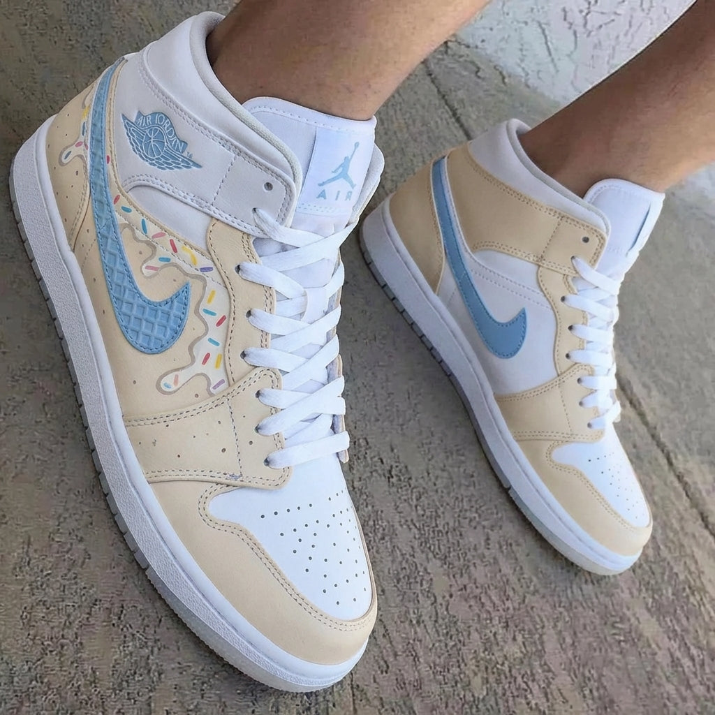 Ice Cream Drip Sprinkles Waffle Swoosh Beige Baby Blue Custom Air Jordan 1