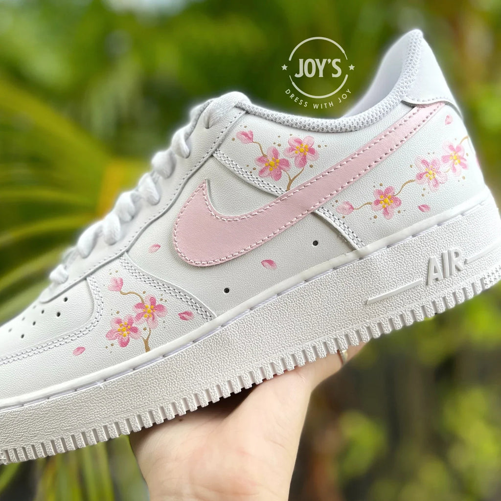 Hand Painted Pink Sakura Cherry Blossom Custom Air Force 1, Cute Aesthetic Floral Design Custom Sneakers with Optional Matching Shoelaces for Women Girls