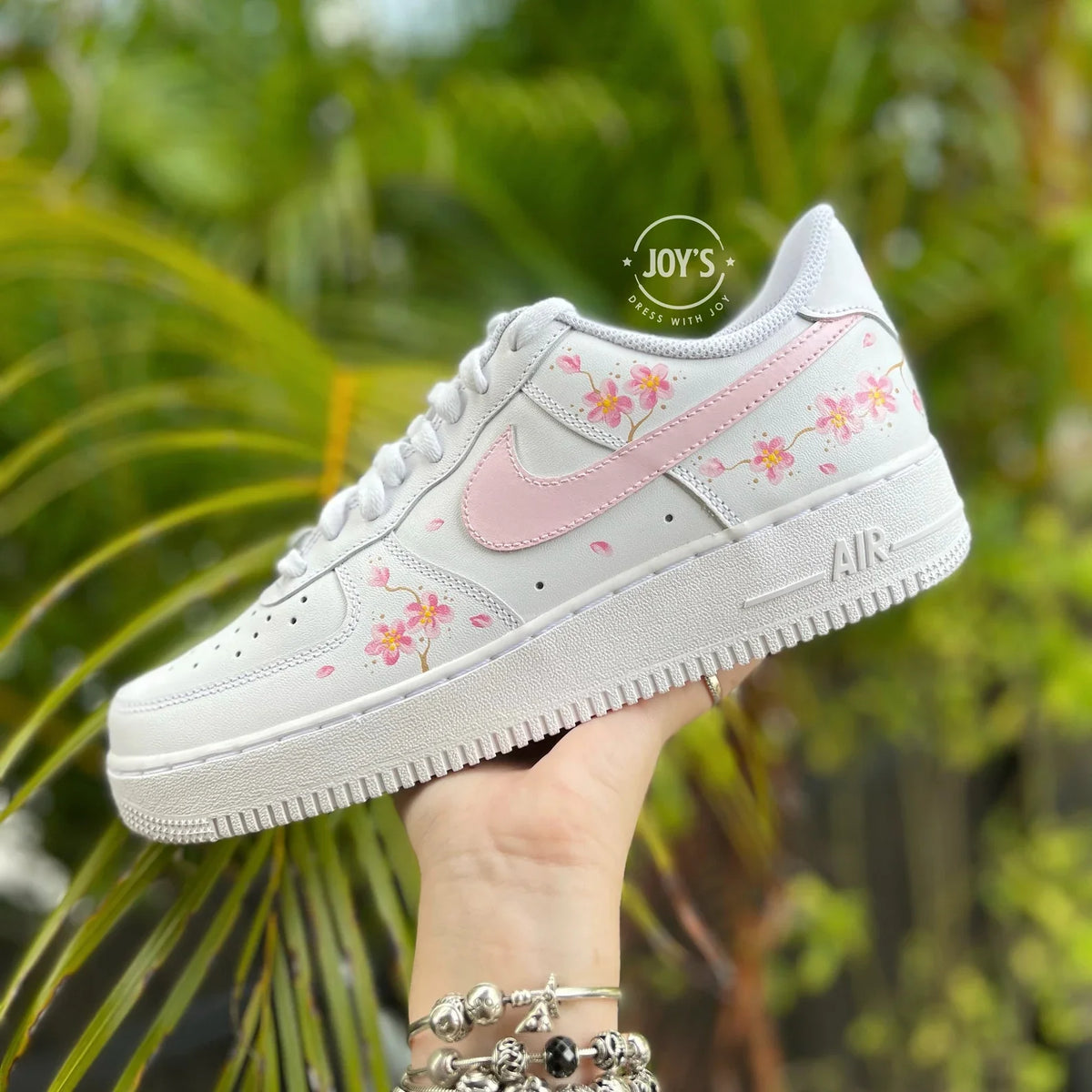 Hand Painted Pink Sakura Cherry Blossom Custom Air Force 1, Cute Aesthetic Floral Design Custom Sneakers with Optional Matching Shoelaces for Women Girls