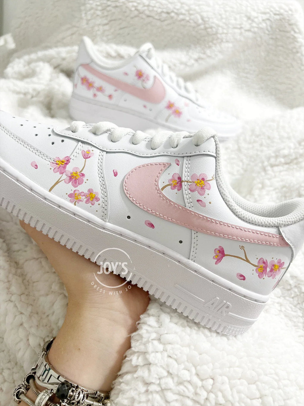Hand Painted Pink Sakura Cherry Blossom Custom Air Force 1, Cute Aesthetic Floral Design Custom Sneakers with Optional Matching Shoelaces for Women Girls