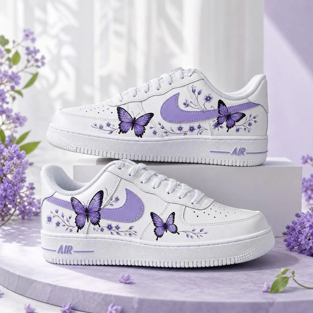 Hand Painted Purple Flower Butterfly Custom Air Force 1 Weeding Sneakers