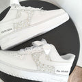 Personalized White Pearl Rhinestone Embellished Bridal Custom Air Force 1 Custom Sneakers, Custom Wedding Bride Shoes with Satin Ribbon Laces, Support Custom Name & Date Bridal Wedding Sneakers
