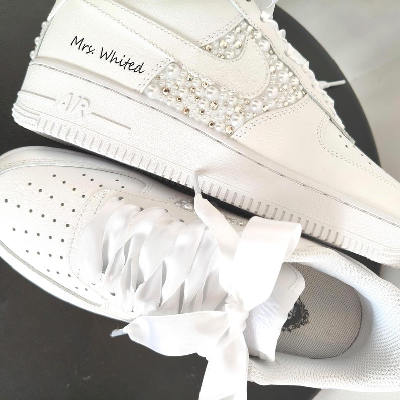 Personalized White Pearl Rhinestone Embellished Bridal Custom Air Force 1 Custom Sneakers, Custom Wedding Bride Shoes with Satin Ribbon Laces, Support Custom Name & Date Bridal Wedding Sneakers