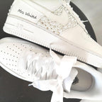 Personalized White Pearl Rhinestone Embellished Bridal Custom Air Force 1 Custom Sneakers, Custom Wedding Bride Shoes with Satin Ribbon Laces, Support Custom Name & Date Bridal Wedding Sneakers