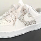 Personalized White Pearl Rhinestone Embellished Bridal Custom Air Force 1 Custom Sneakers, Custom Wedding Bride Shoes with Satin Ribbon Laces, Support Custom Name & Date Bridal Wedding Sneakers
