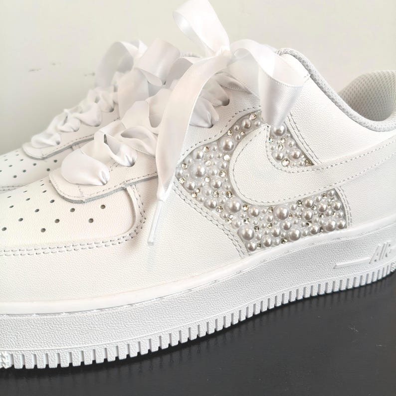Personalized White Pearl Rhinestone Embellished Bridal Custom Air Force 1 Custom Sneakers, Custom Wedding Bride Shoes with Satin Ribbon Laces, Support Custom Name & Date Bridal Wedding Sneakers