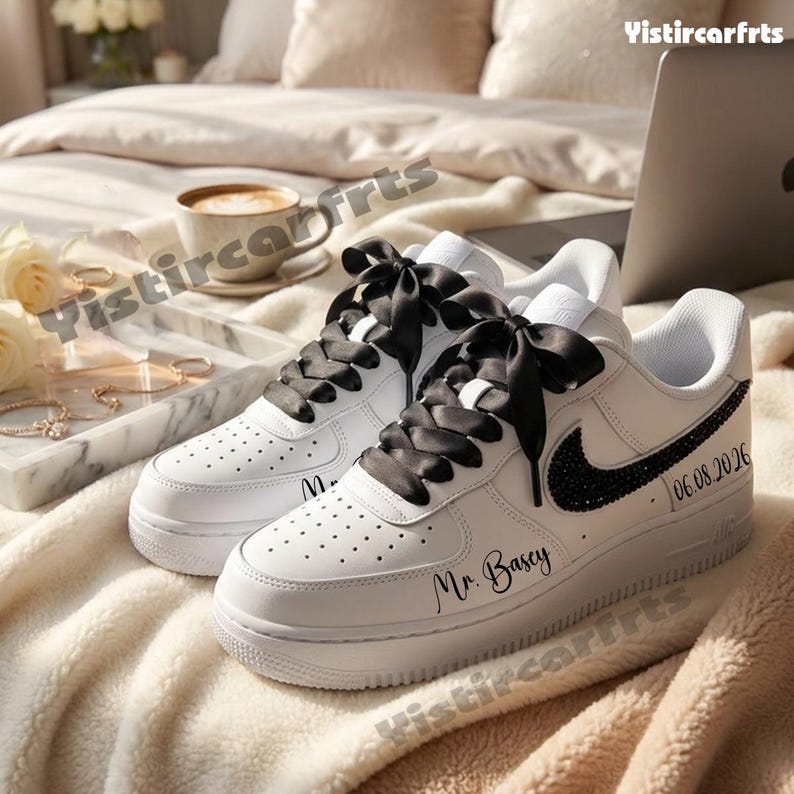 Custom Air Force 1 Personalized Wedding Shoes, Custom Name & Wedding Date Black Rhinestone Swoosh Satin Bow Laces Bride Groom Custom Sneakers