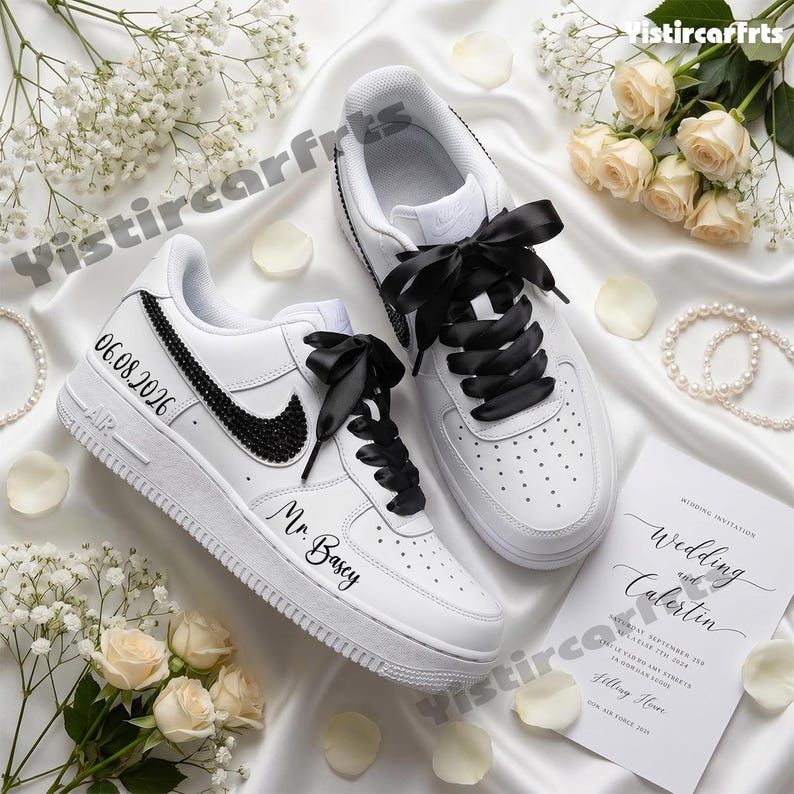 Custom Air Force 1 Personalized Wedding Shoes, Custom Name & Wedding Date Black Rhinestone Swoosh Satin Bow Laces Bride Groom Custom Sneakers