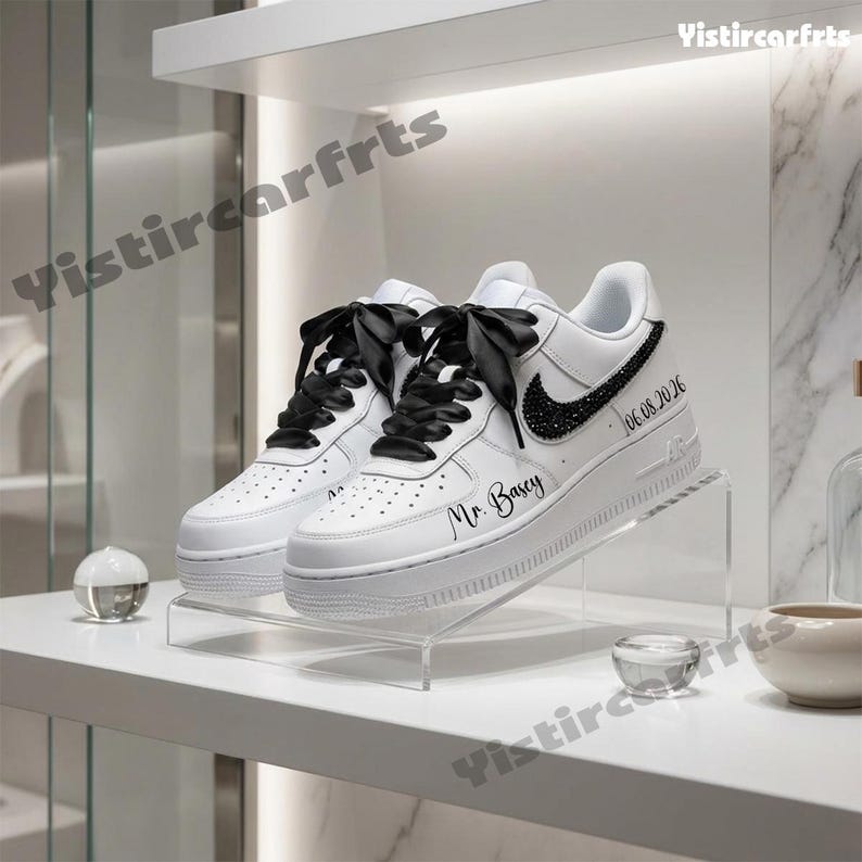 Custom Air Force 1 Personalized Wedding Shoes, Custom Name & Wedding Date Black Rhinestone Swoosh Satin Bow Laces Bride Groom Custom Sneakers