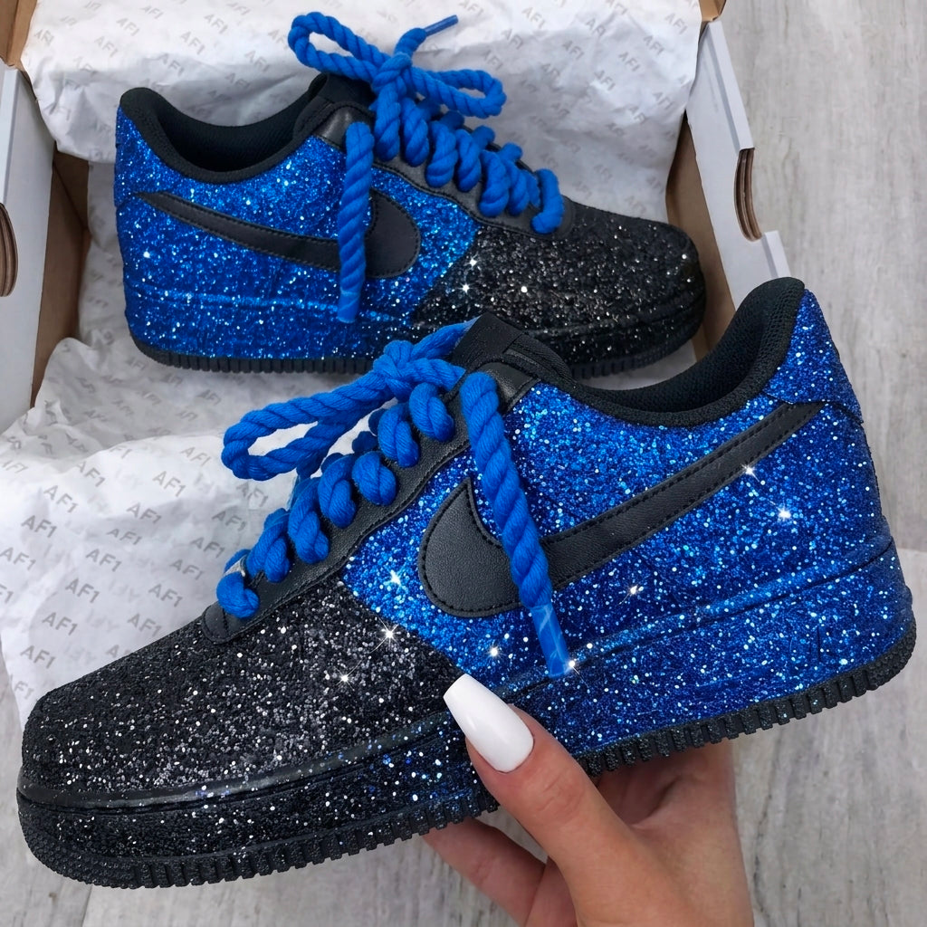 Hand Painted Blue Black Glitter Custom Air Force 1 Sneakers
