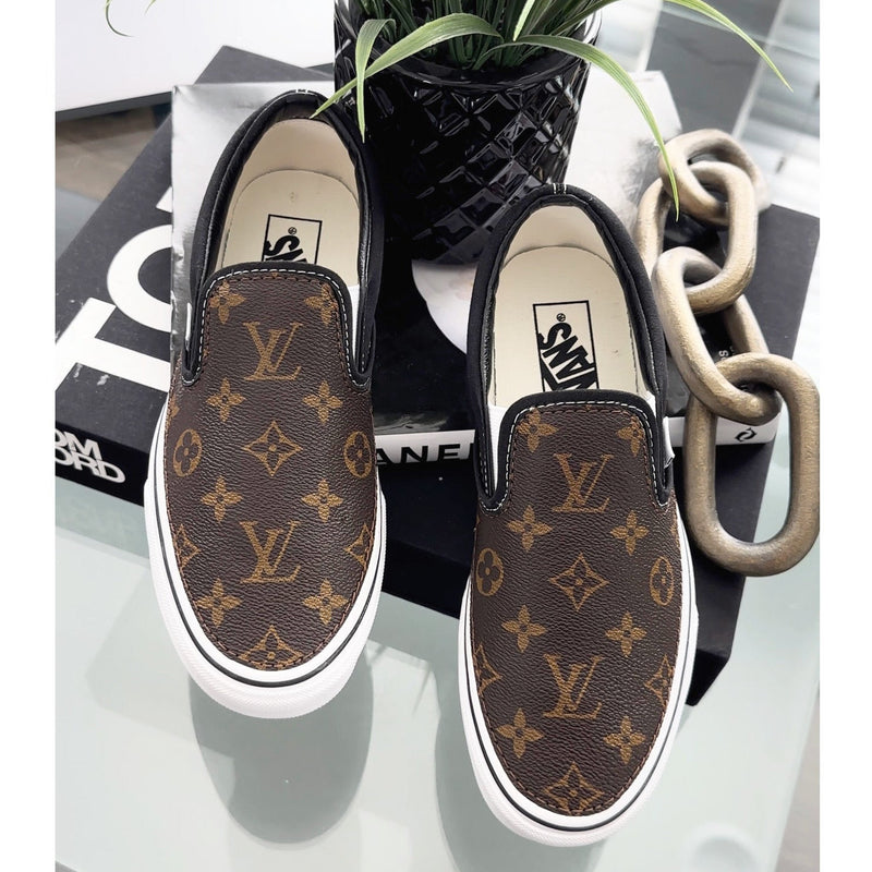 Hand Painted Brown Monogram Custom Vans Slip On Sneakers