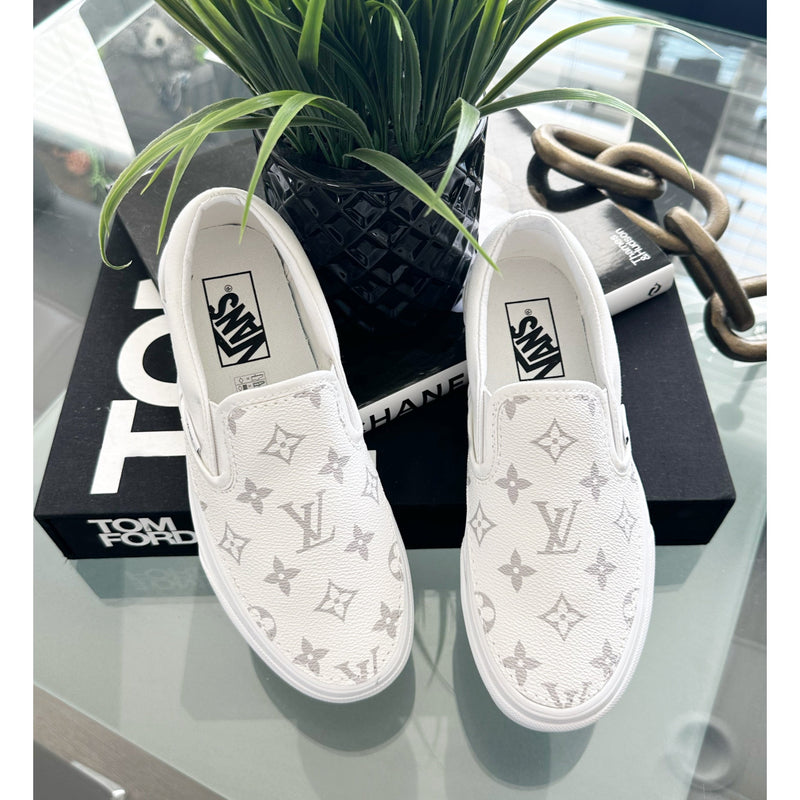 Hand Painted White Monogram Custom Vans Slip On Sneakers